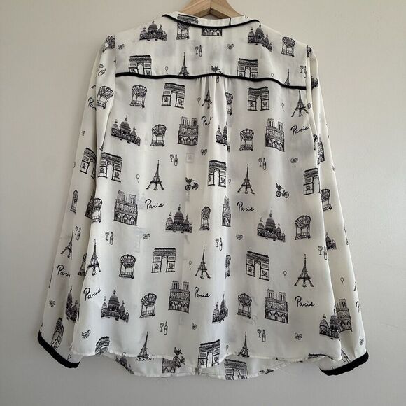 Talbots White and Black Paris Pop Over Top women Size S Button tie Quiet Luxury - Picture 9 of 10